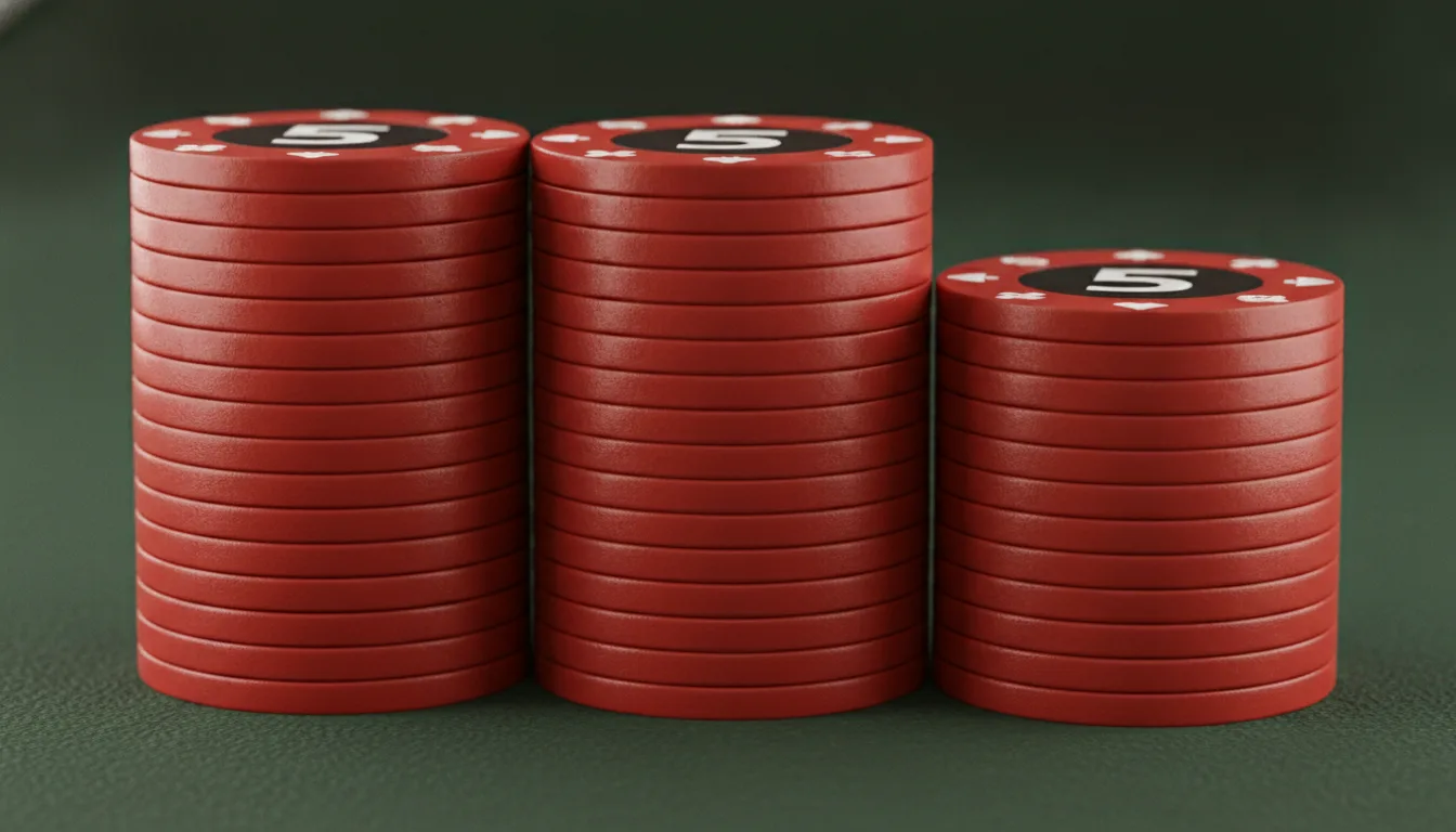 Three stacks of red chips of different heights on the felt
