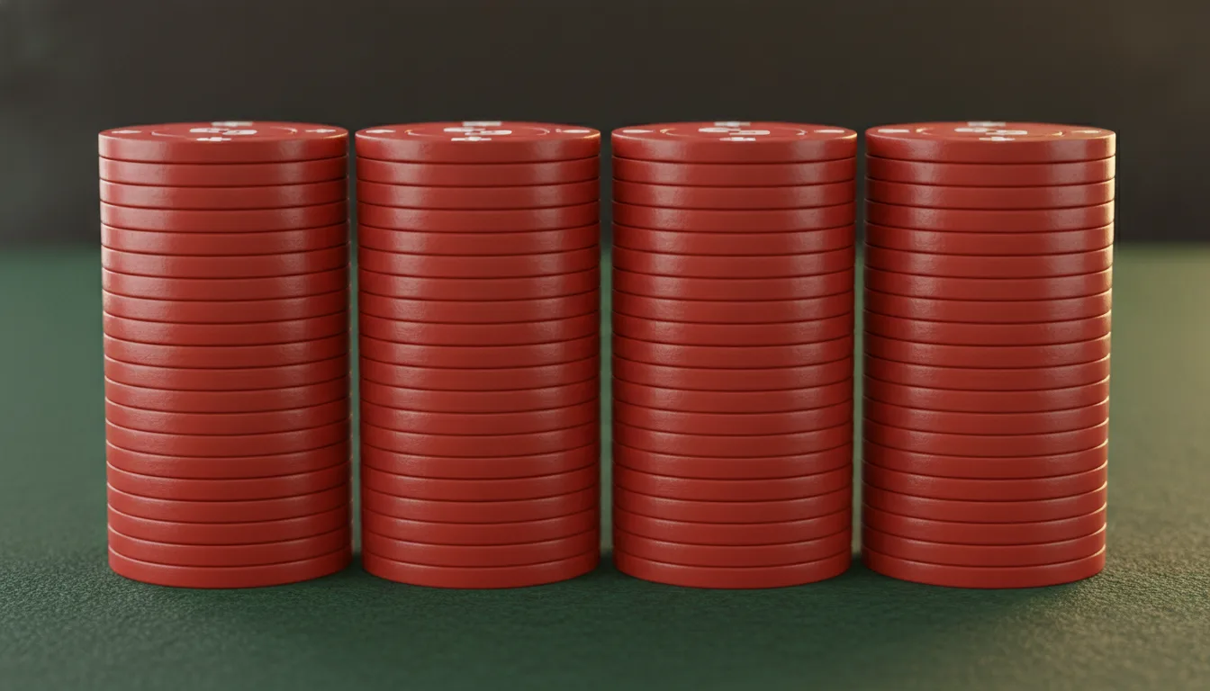 Four even stacks of red chips on the felt