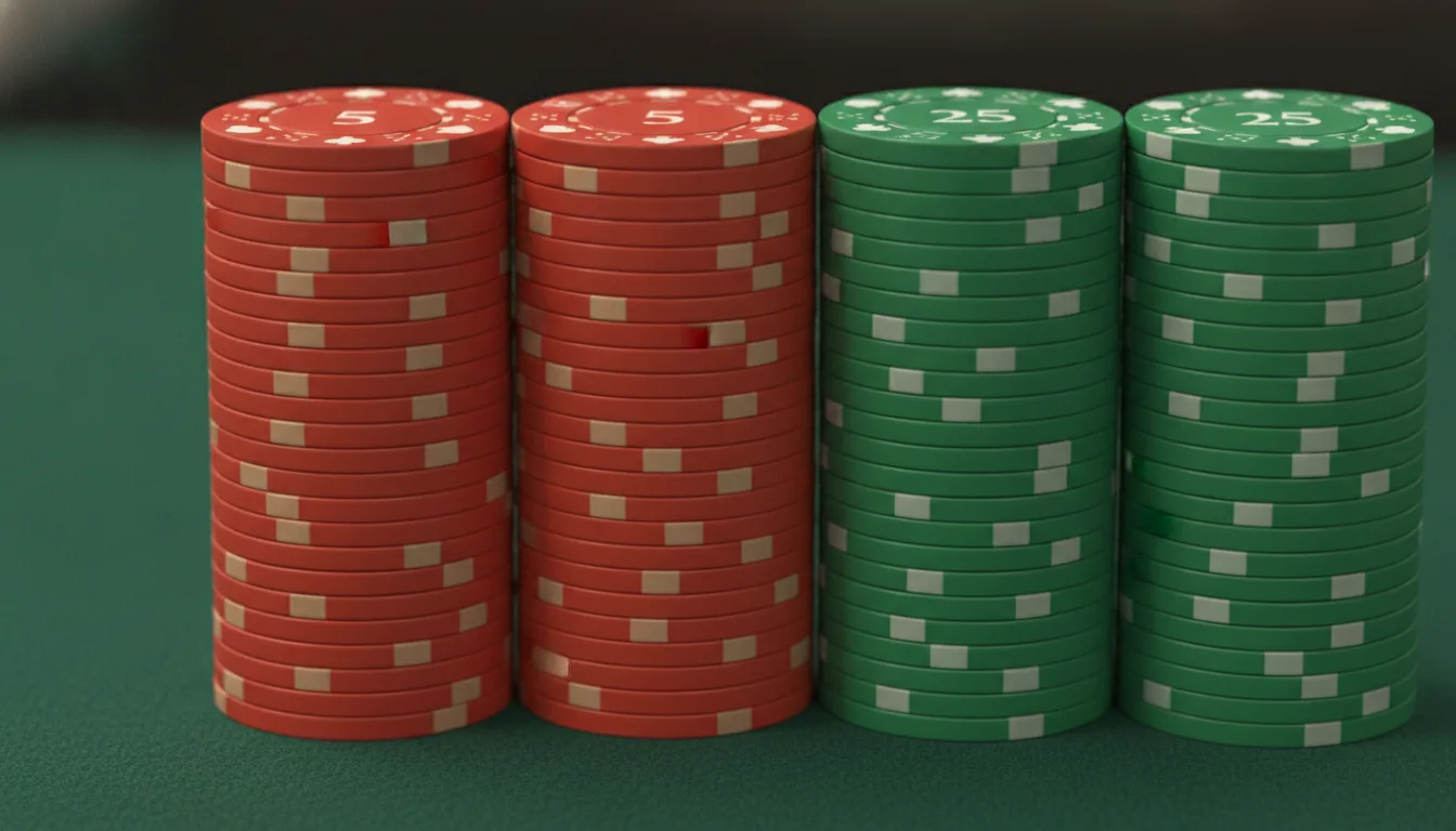 Barrels of red and green chips stacked on the felt