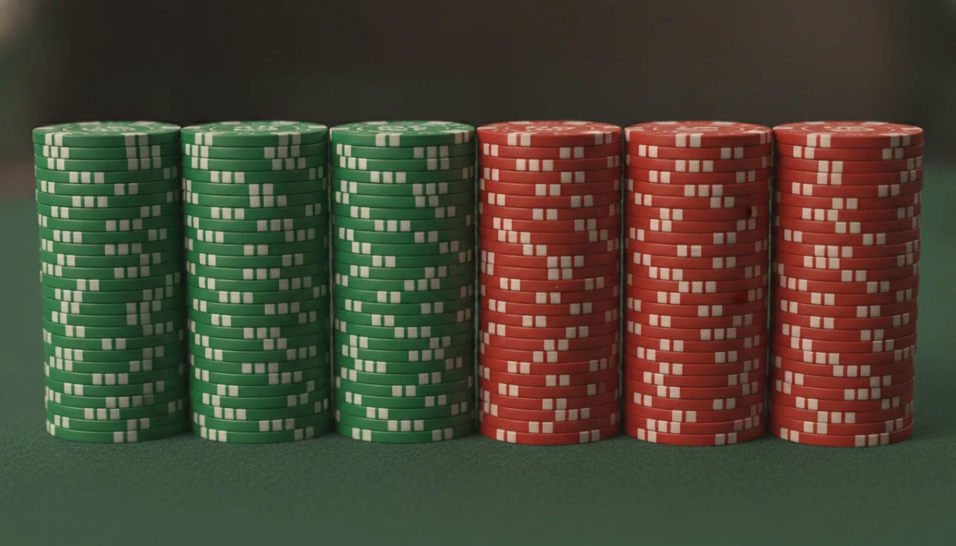 Barrels of green and red chips lined up on the felt