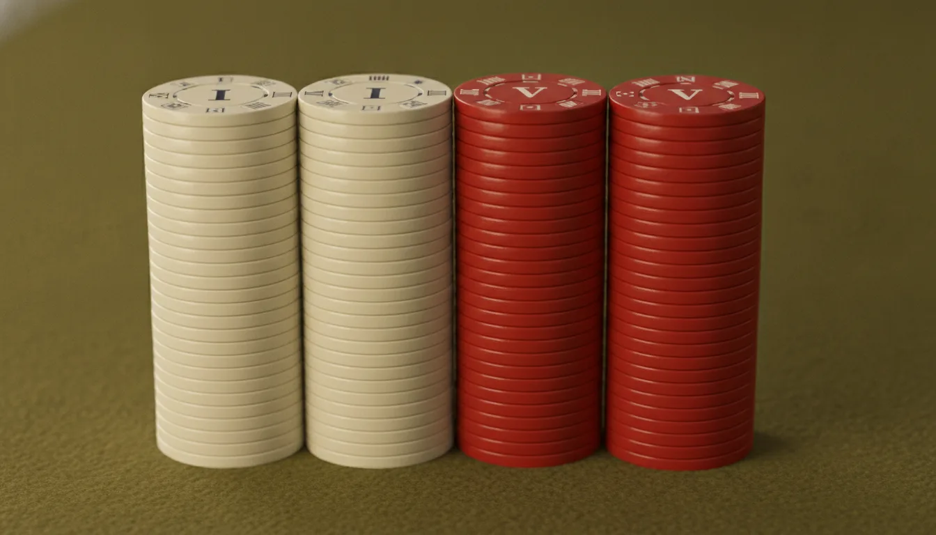 Stacks of white and red chips side by side