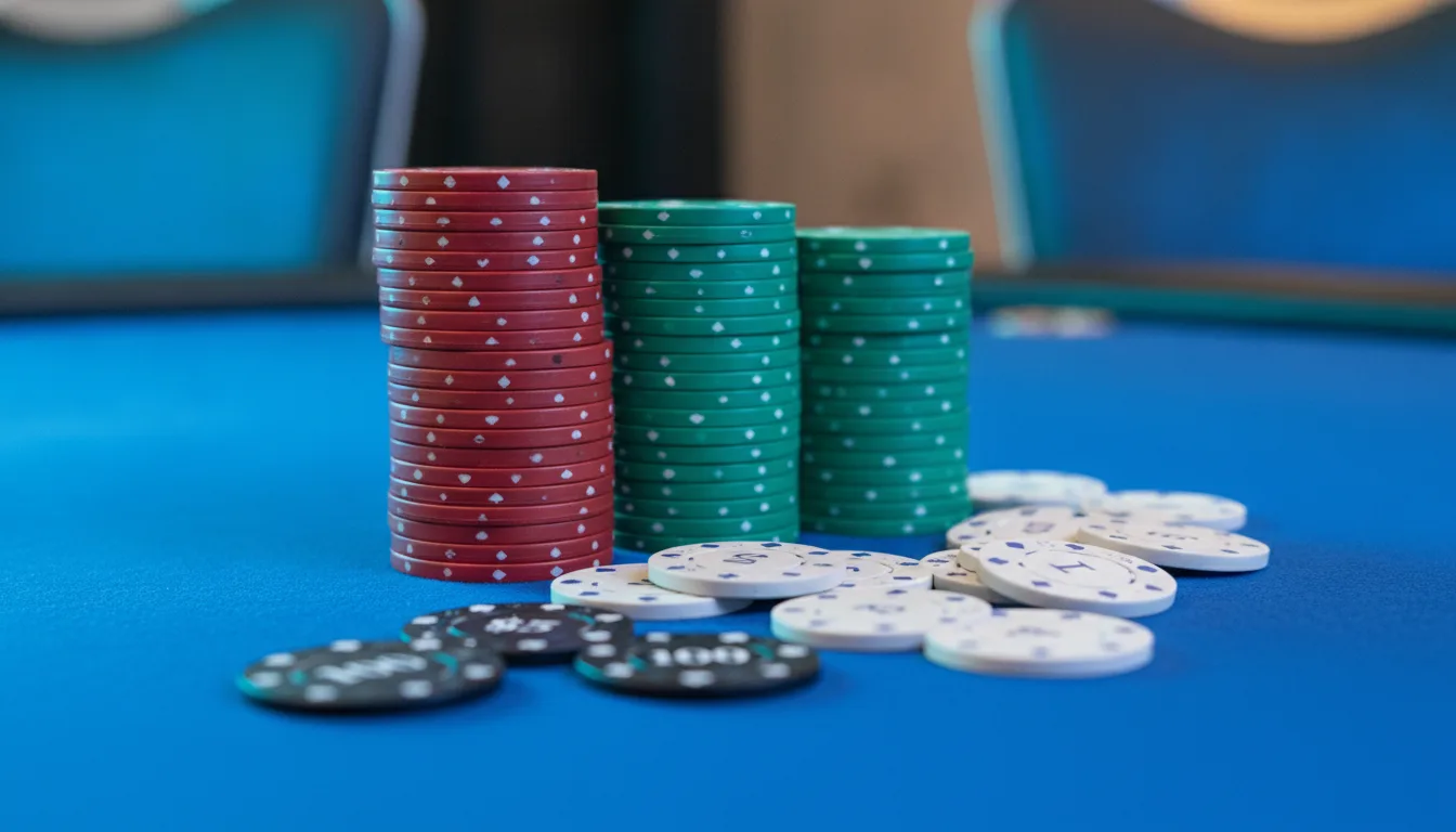 Stacks of red and green casino chips on felt