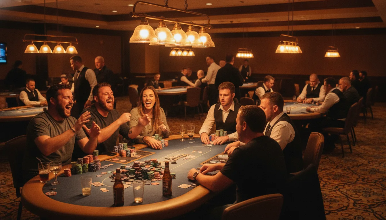 A busy card room with several tables running