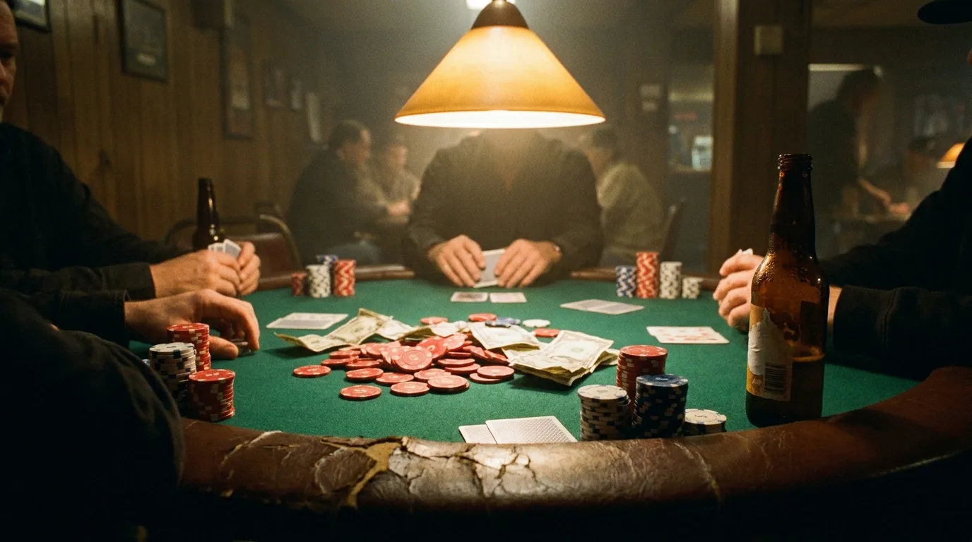 A dim card room table with players, beers and chips on green felt