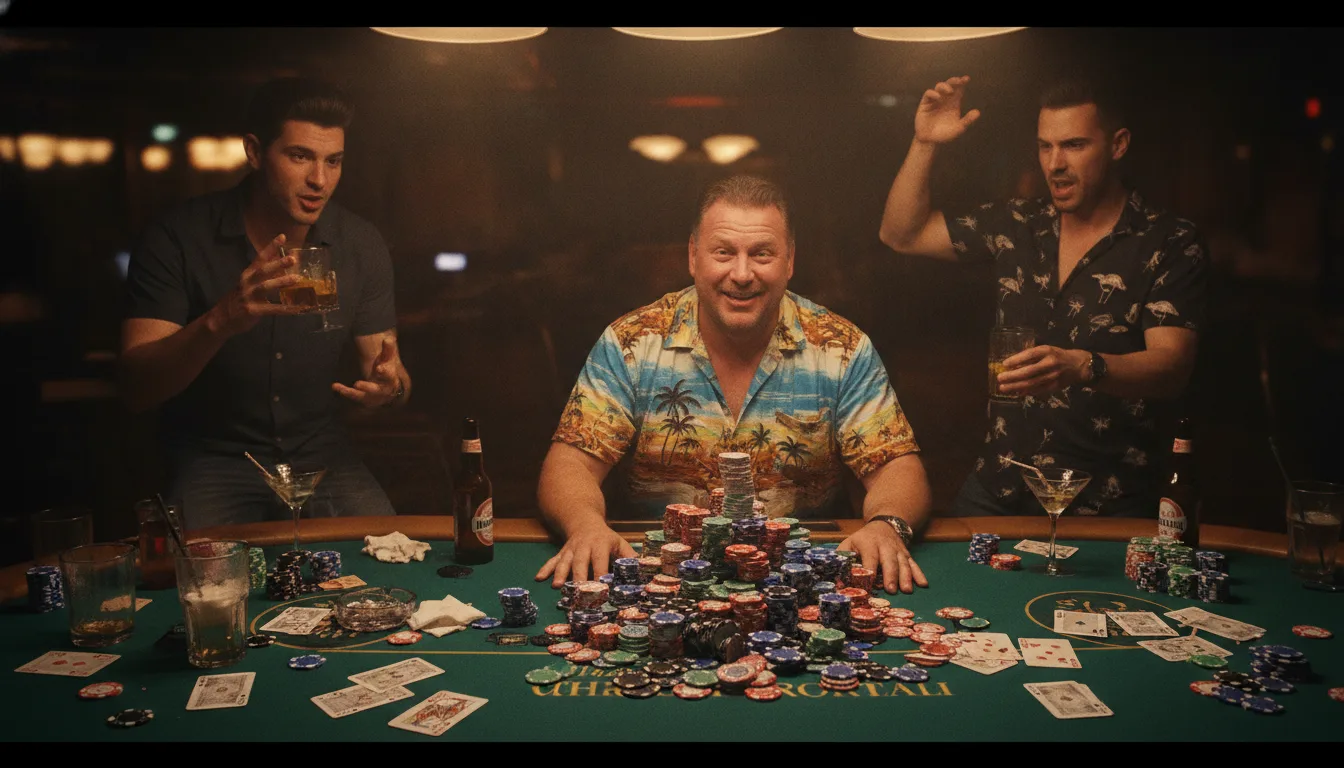 A loose, loud poker table with drinks on the rail