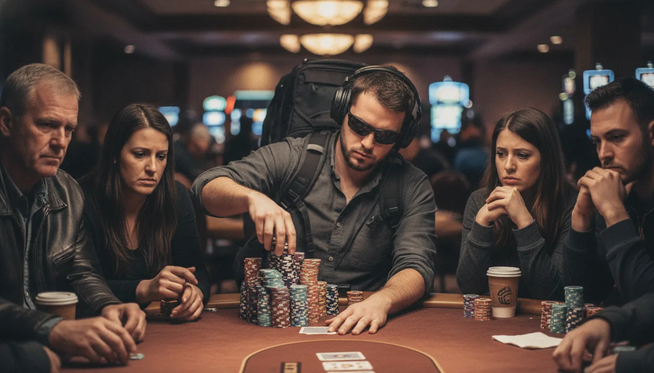 Five players at a live table, one of them pushing chips into the pot