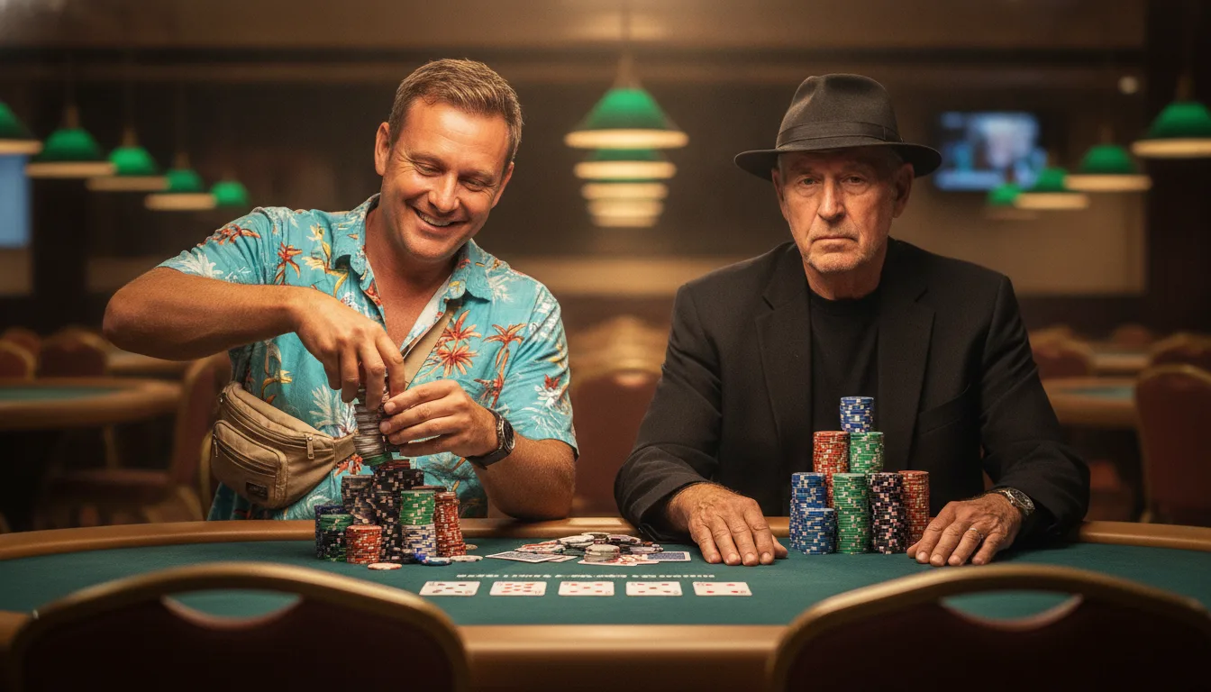 Two players at a table, one in a Hawaiian shirt stacking his chips
