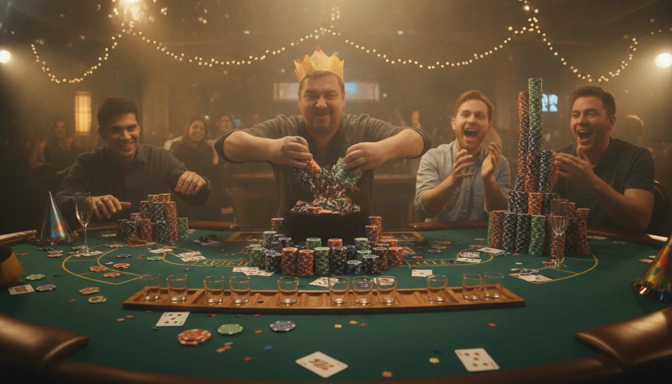 A busy live table with a large pot and players reacting