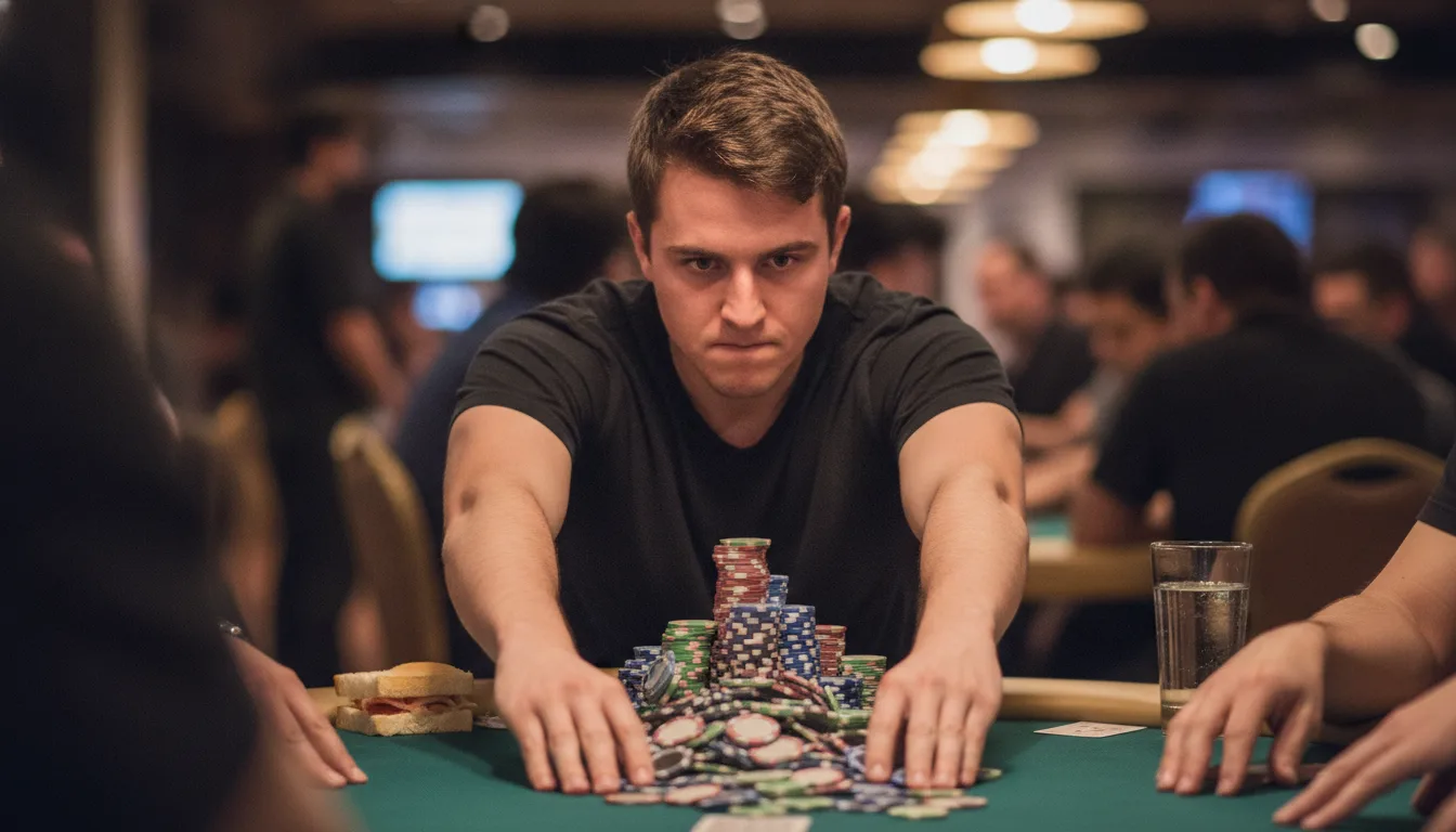 A player shoving his stack in with a hard stare