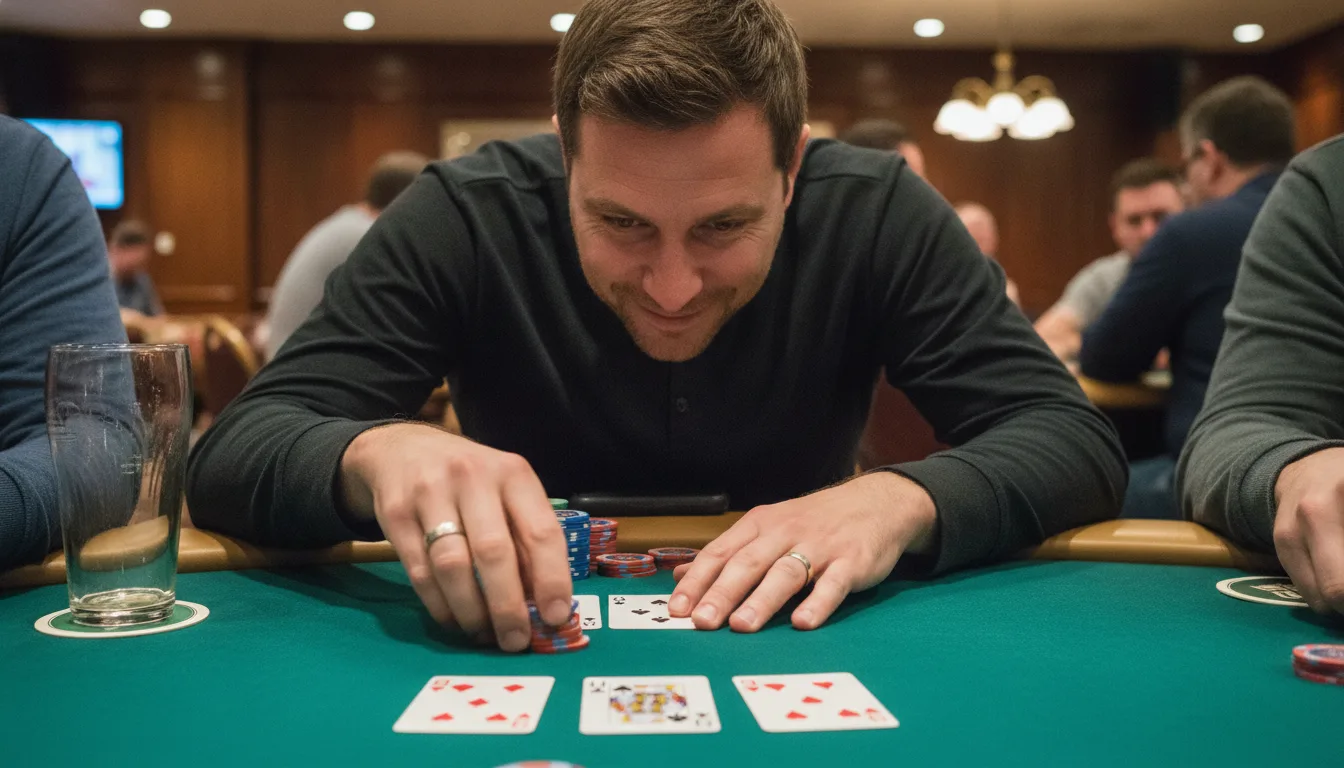 A player leaning in over his cards at a live table