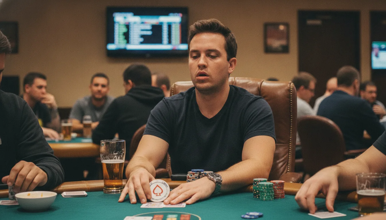 A player sitting at the table with chips and a drink in front of him