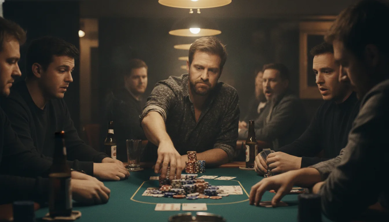 A table of players watching one of them push chips forward