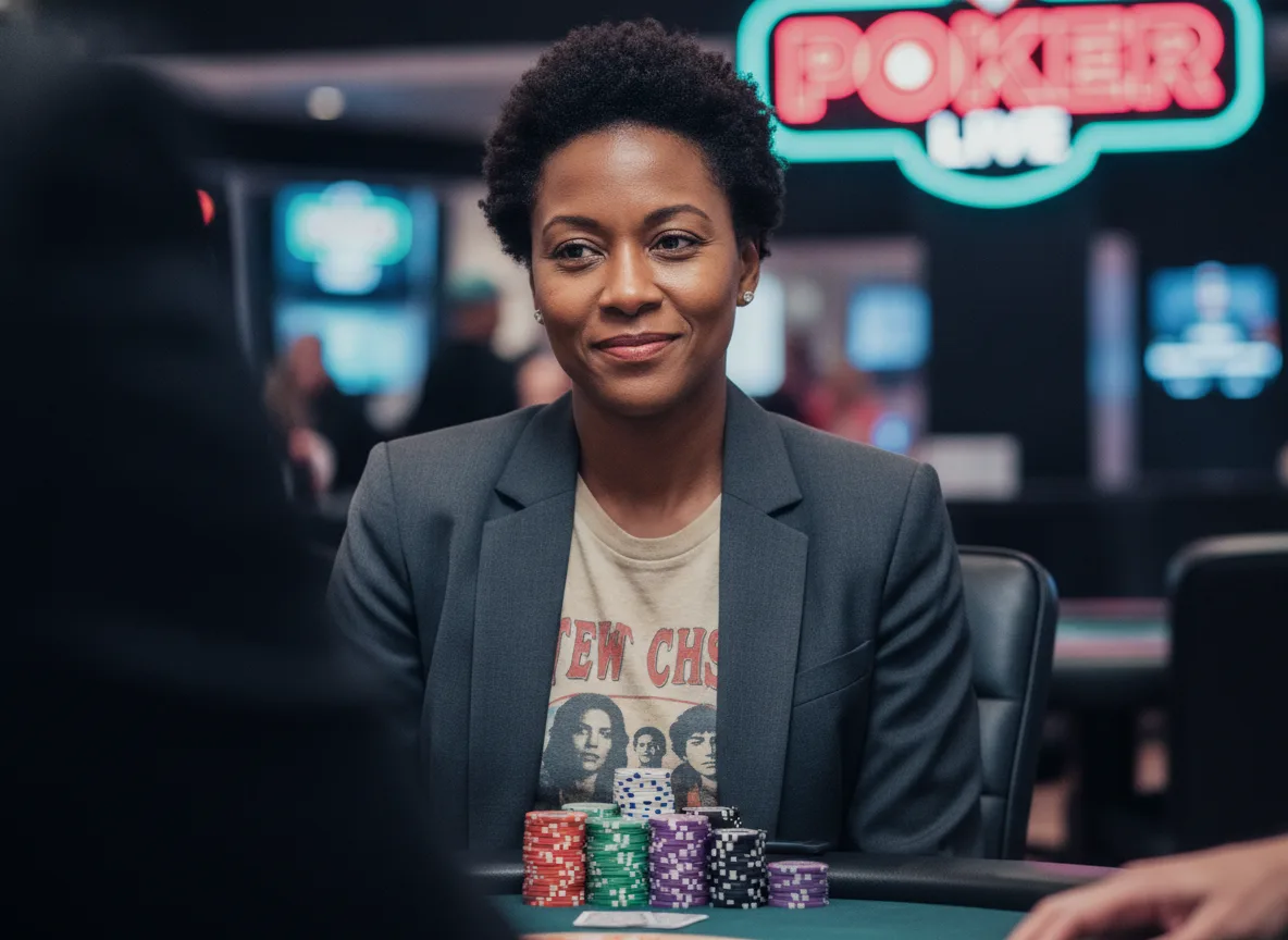 Downtown Dana, studying an opponent behind neatly squared stacks