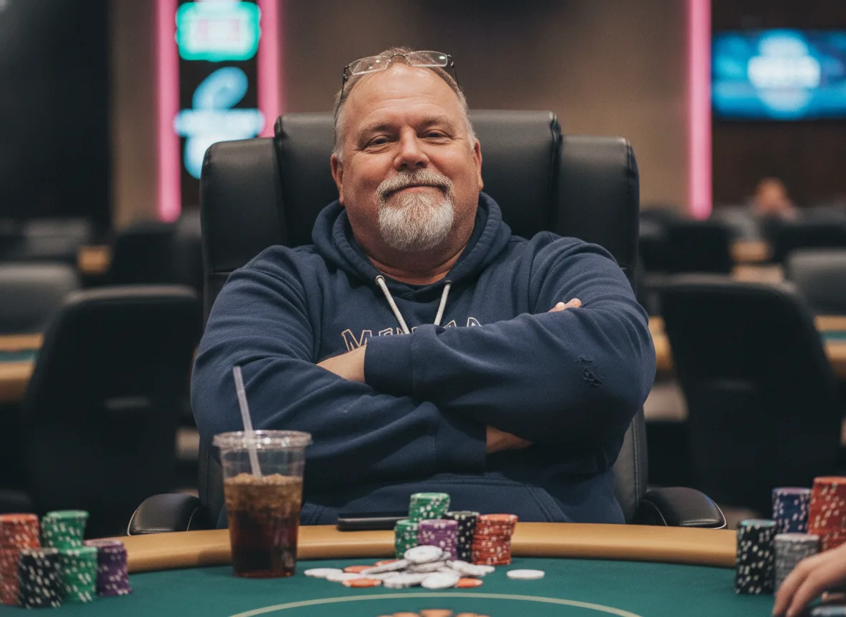 Limp-Call Larry, a relaxed heavyset regular with his arms crossed behind a soda and loose red chips