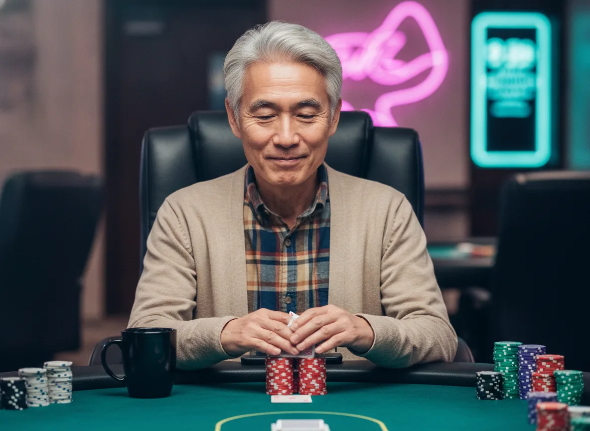 Nitty Nathan, sitting upright behind two immaculate barrels of red chips