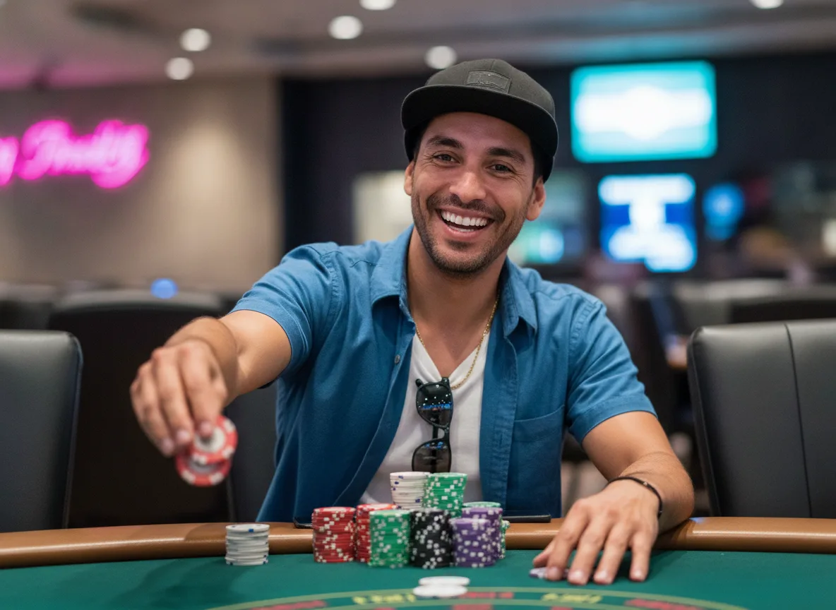 Straddle Steve, grinning as he tosses red chips forward for a blind straddle