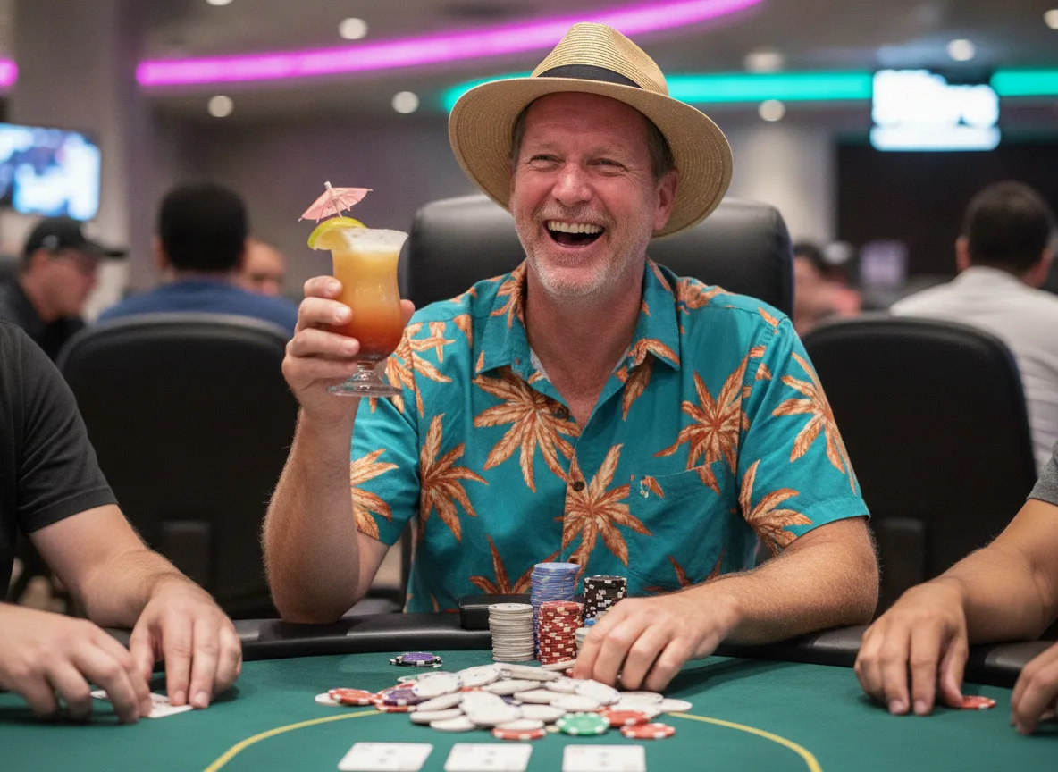 Vacation Vinny, mid-laugh with a tiki cocktail raised
