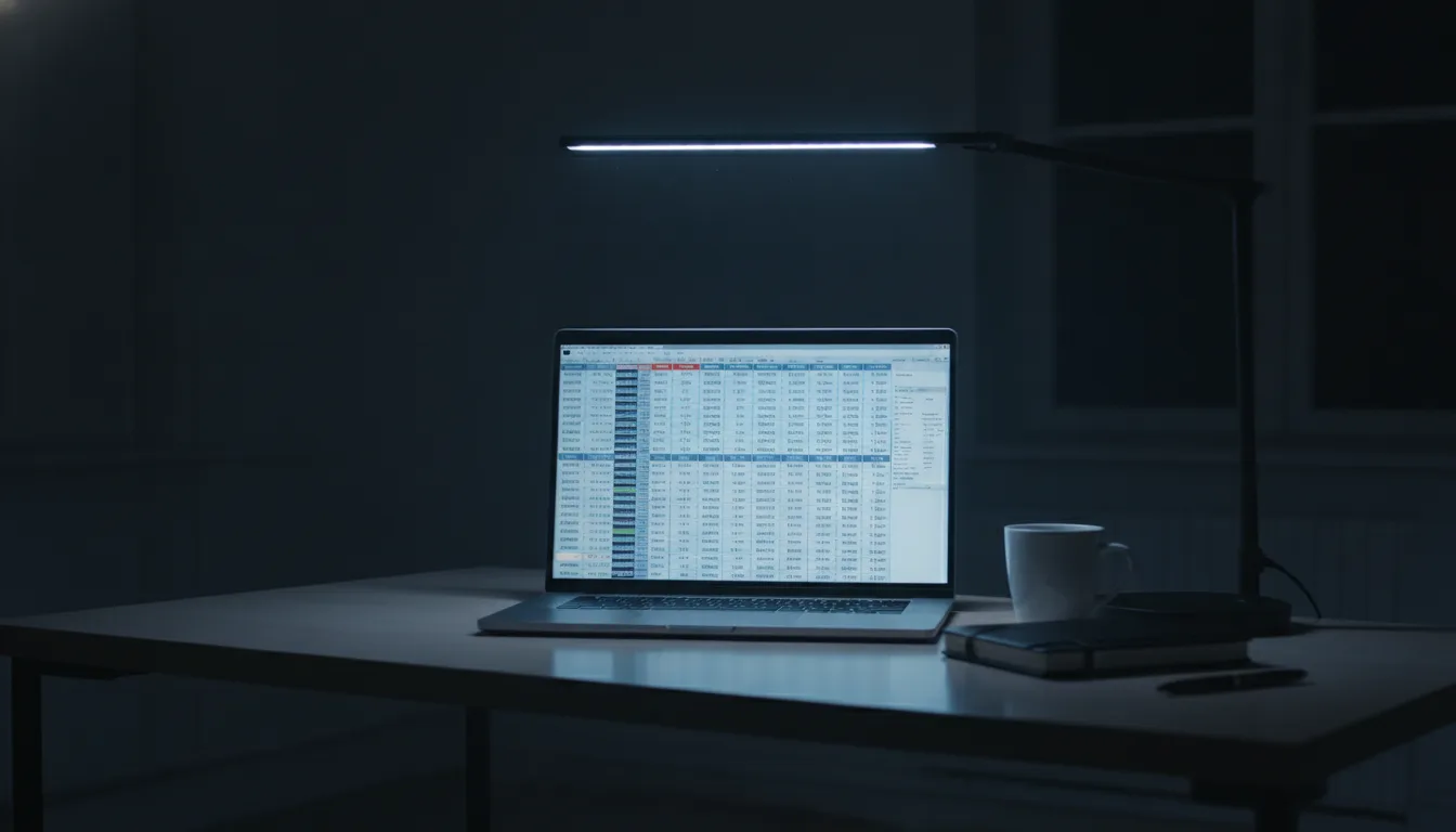 A laptop glowing with a grid of solver frequencies in a dark room